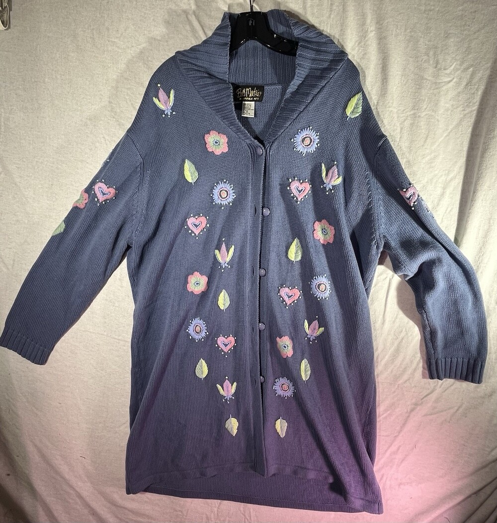 Bob Mackie Wearable Art Full Body Cardigan Blue Floral Embroidered Sweater 1X